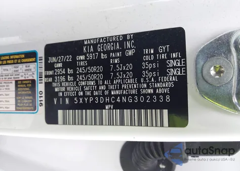 2022 Kia Telluride Ex z USA, uszkodzony, nr VIN 5XYP3DHC4NG302338